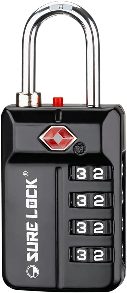 SURE LOCK TSA Approved 4-Digit Resettable Combination Luggage Lock with Open Alert, Easy-Read Dials - for Luggage, School Lockers, Gym, Office, Toolbox & Security Cases (Black 1 Pack)