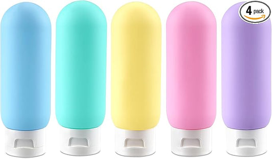 Cosywell Travel Bottles for Toiletries Travel Size Containers TSA Approved Toiletry Bottles Leak Proof Refillable Squeeze Bottle (D-3.4oz-colorful-round-5blank, Blue green yellow pink purple)