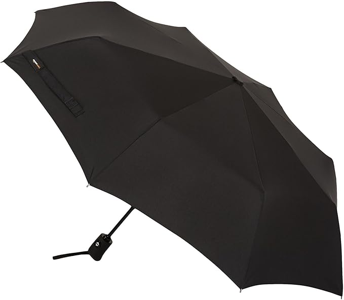 Amazon Basics Round Travel Umbrella for Rain, Compact Umbrella with Auto Open/Close, Strong Alloy Steel Frame, Compact Size for Backpacks/Handbags (11" Long When Closed), One Size, Black