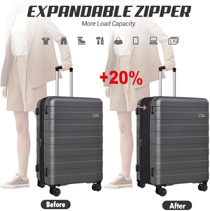 Zebra Luggage Sets 3 Piece, 20" Carry On Luggage with Spinner Wheels, Hardside Business Travel Suitcase Set with TSA Lock, Lightweight Suitcase,20/24/28 inch,Grey