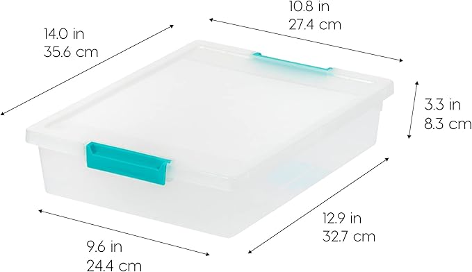 IRIS USA 6 Qt. Craft Storage Bins with Lids, 3-Pack, |Made in USA|, Clip Box, Small Plastic Sensory Bin Tote Organizer Containers for Art Supplies, Paper, & Office, Stackable - Clear/Seafoam Blue