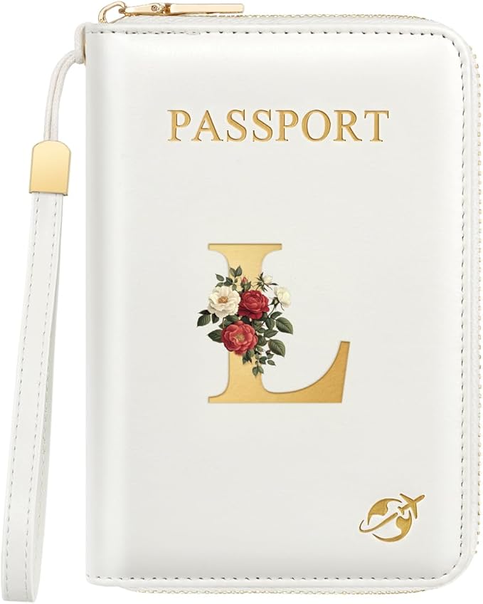 Passport Holder for Travel Personalized Passport Holder Initial Letter Rose Flower RFID Blocking Travel Wallets Credit Cards Holder for Women Men, White L