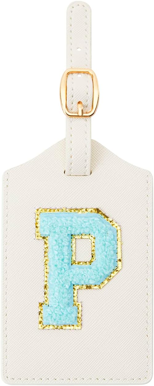 Initial Luggage Tag, PU Leather Luggage Tag, Embroidered Luggage Tag, Letter Luggage Tag, Monogrammed Luggage Tag, Luggage Tag for Baggage Bag Suitcase (P, White Leather+Blue Letter)