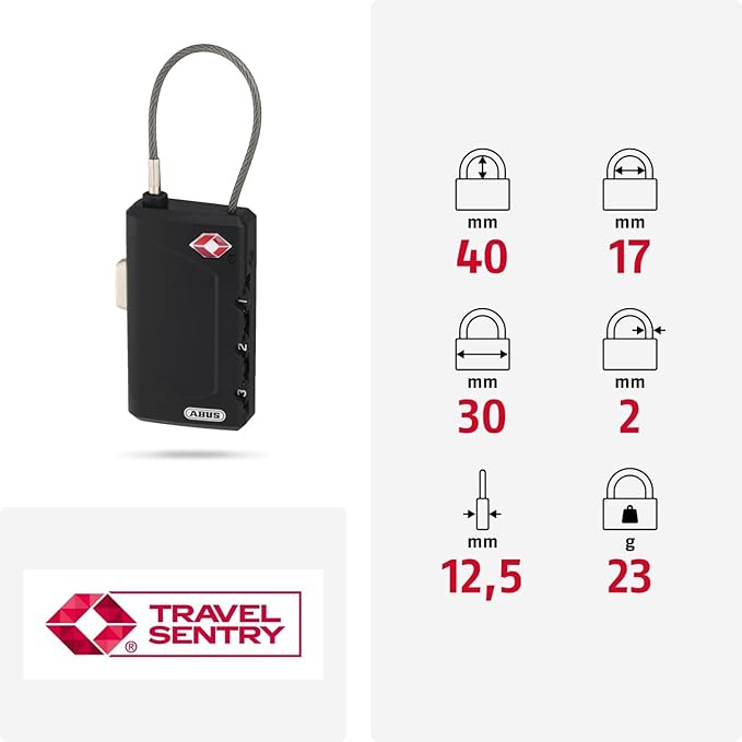 ABUS 148TSA/30 TSA Cable Combination Lock for Hard Cases, Luggage, Resettable, 1.3inch (30mm), Black