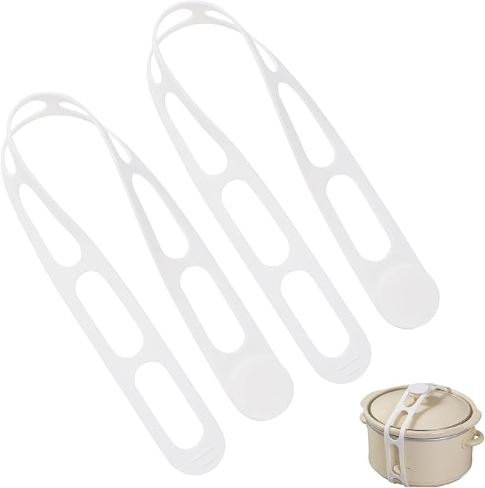 Silicone Latch Strap for Slow Cooker Lid, Pot & Food Storage - 2-Pack White, Reusable Universal Lid Lock & Adjustable Silicone Straps for Cooking