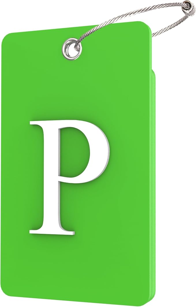 Gostwo 2 Pack Luggage Tags for Suitcases, 26 Initial Letter Travel Luggage Baggage Identification Labels ID Tag Fully Bendable Tags with Stainless Steel Loop (Green) (Letter P)
