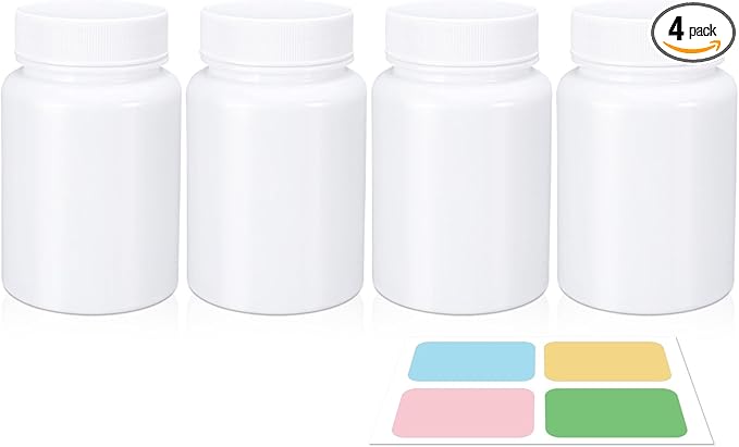 White Pill Bottle, Empty Medicine Bottles with Screw Caps for Pills Capsules Vitamins, Food Grade Plastic Medicine Containers with Labels for Travel (5oz/150ml, 4 Pcs)