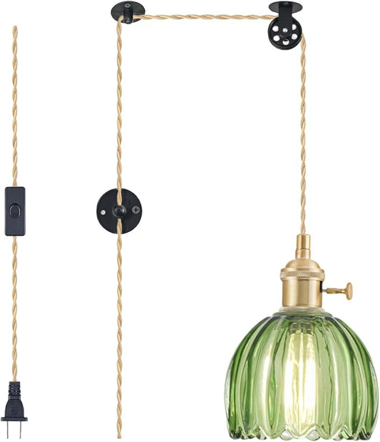 Plug in Pendant Light Fixtures, Hanging Light Fixture Vintage Glass Pendant Light, Mini Green Tulip Hanging Lamp, Pendant Lighting for Kitchen Island, Bedroom, Dining Room, Living Room
