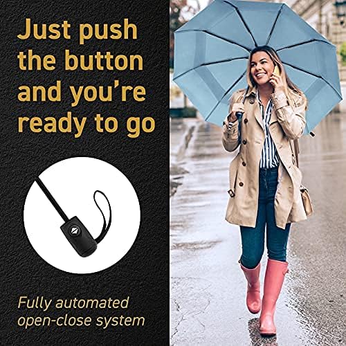 Windproof Compact Umbrella for Rain - 42” Travel Umbrella, Portable, Strong, Collapsible to 11”, Automatic Open Close Button, Vented Double Canopy with Fiberglass/Steel Frame, Wind Resistance to 55MPH