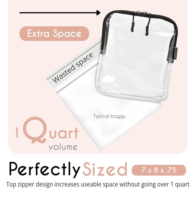 BORSALI TSA Approved Toiletry Bag - Clear Quart Size for 3-1-1 LIquids for Carry On Travel - Toiletries Organizer - Cosmetic Pouch with Zipper - Travel Accessories - 4 Pack