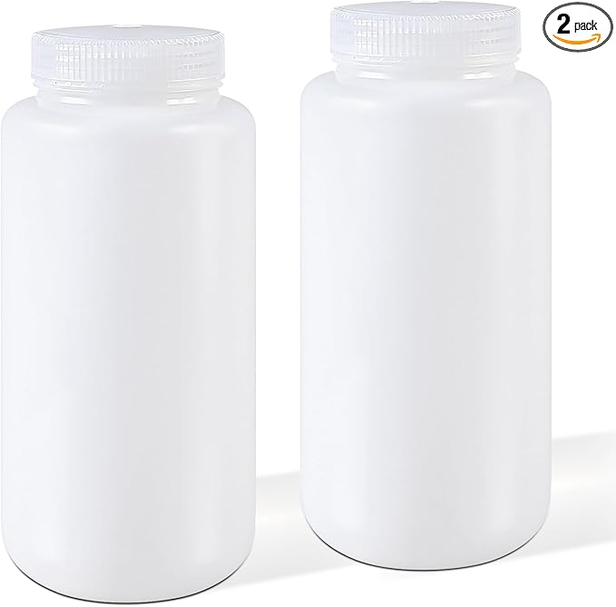 DEMORA 32 oz Plastic Bottles with Lids, Airtight Refillable Wide Mouth Travel Bottles for Toiletries, HDPE Food Grade Plastic Containers for Liquids Pill Water Sample Lab Reagent (Translucent, 2 Pcs)