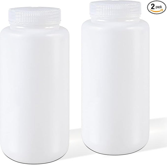 DEMORA 32 oz Plastic Bottles with Lids, Airtight Refillable Wide Mouth Travel Bottles for Toiletries, HDPE Food Grade Plastic Containers for Liquids Pill Water Sample Lab Reagent (Translucent, 2 Pcs)