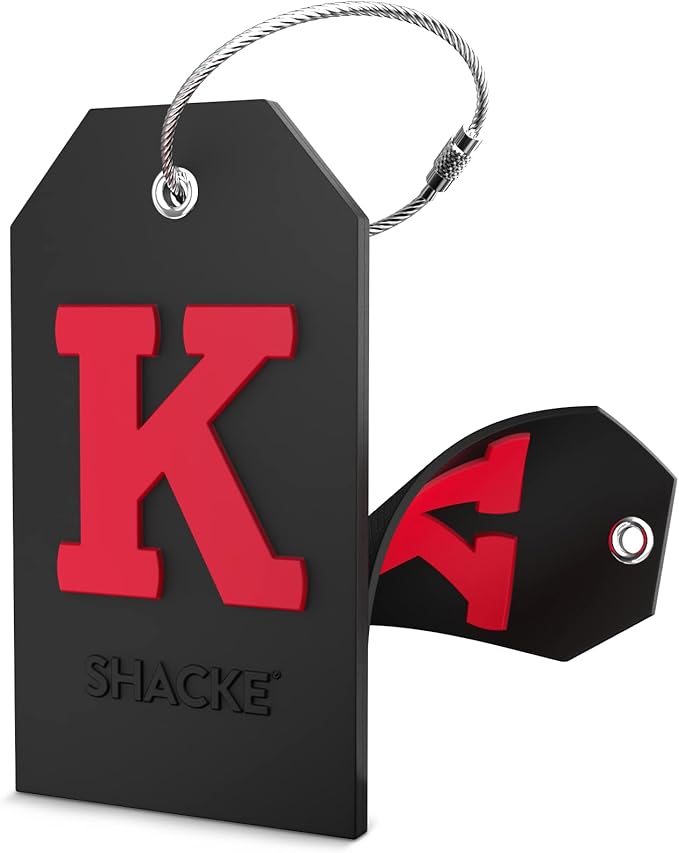 Shacke Large Luggage Tag Initial with Full Privacy Cover and Stainless Steel Loop - Black (Letter K)