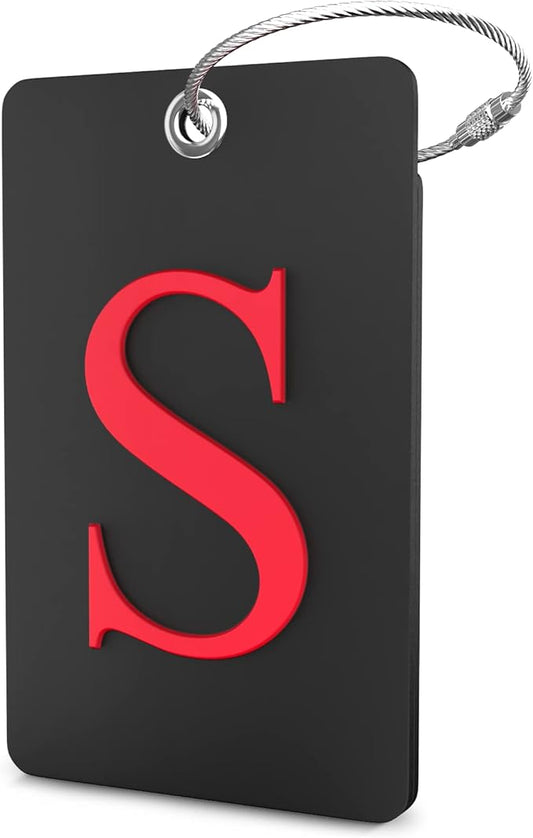 Shacke Luggage Tag Initial - Fully Bendable Tag w/Stainless Steel Loop - Black (Letter S)