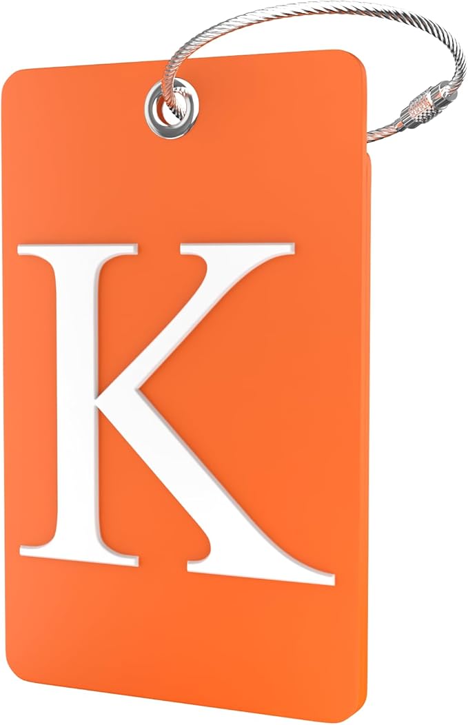 Shacke Luggage Tag Initial – Fully Bendable Tag w/Stainless Steel Loop (Orange) (Letter K)