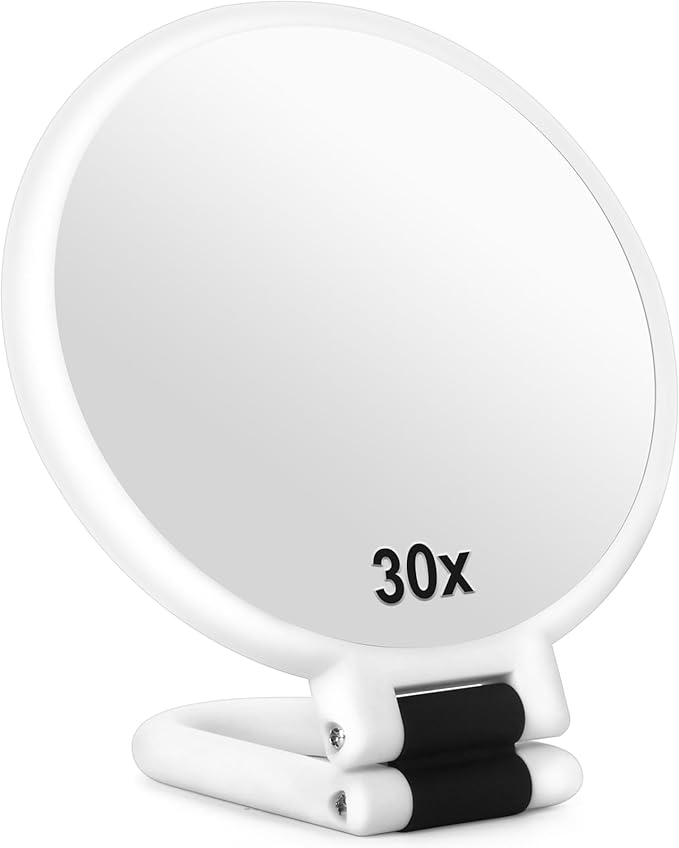 Sifolo 30x Magnifying Mirror, Travel Hand Mirrors with Handle - Double Side Handheld Mirror with 1X 30X Magnification & Adjustable Handle, Hand Held Foldable Travel Mirror for Makeup(Pearl White)
