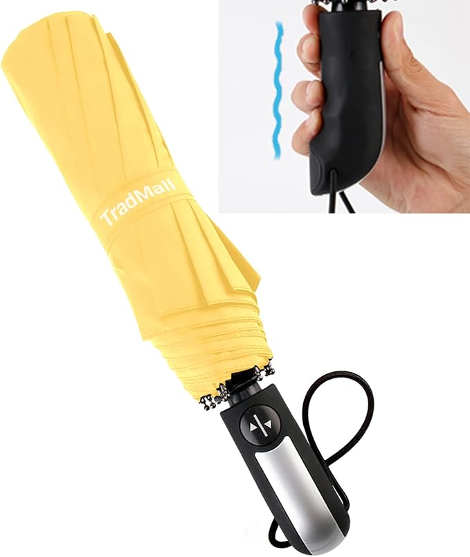 TradMall Travel Umbrella Windproof with 46 Inches Large Canopy 10 Reinforced Fiberglass Ribs Ergonomic Handle Auto Open & Close, Yellow