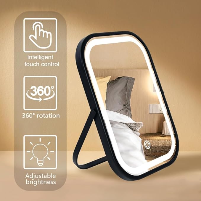 YEKKOPT Travel Mirror with Lights, Small LED Makeup Mirror with Lights,Portable Desk Mirror 1200mAh Battery,3 Color Modes,Dimmable Touch Screen, Tabletop Folding Compact Mirror,Women Gift