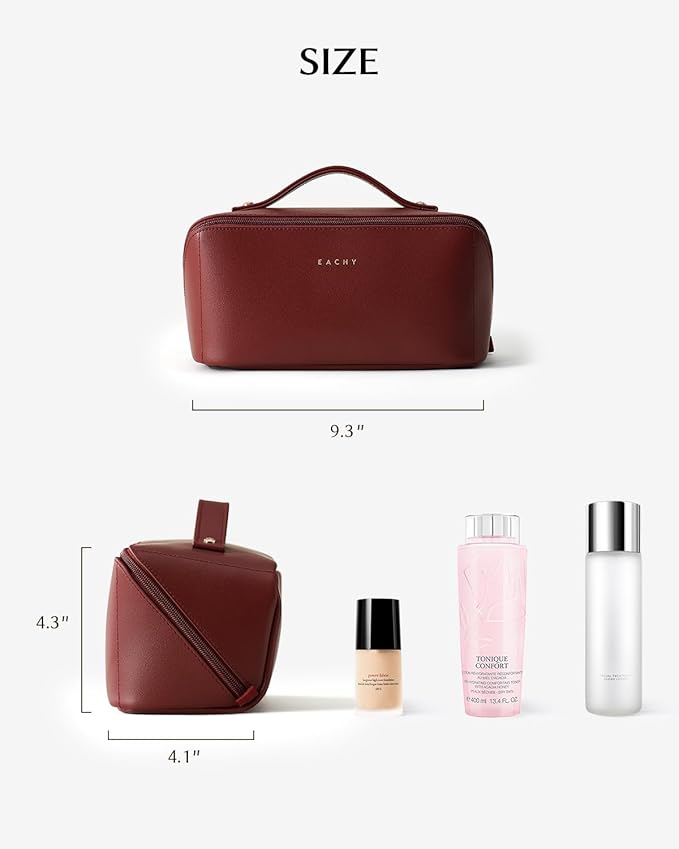 EACHY Travel Makeup Bag, Large Capacity Cosmetic Bag for Women, Waterproof PU Leather, Flat Open Portable Toiletry Bag for Skincare, Brushes & Travel Essentials