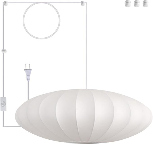 23.6in Plug in Lantern Pendant Light, Large White Imitation Silk Pendant Light Wabi Sabi Saucer Japanese Bubble Hanging Lamp Chandelier for Living Dinning Room Kitchen Island Bedroom 1 Pack