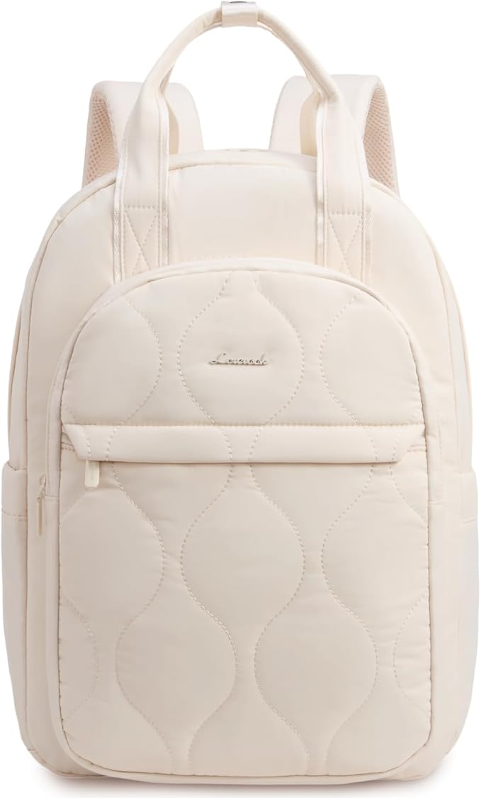 LOVEVOOK Laptop Backpack for Women, College Travel Backpack Puffer Womens Backpack for 15.6 Inch Laptop, Computer Water-Resistant Quilted Casual Daypack, Beige