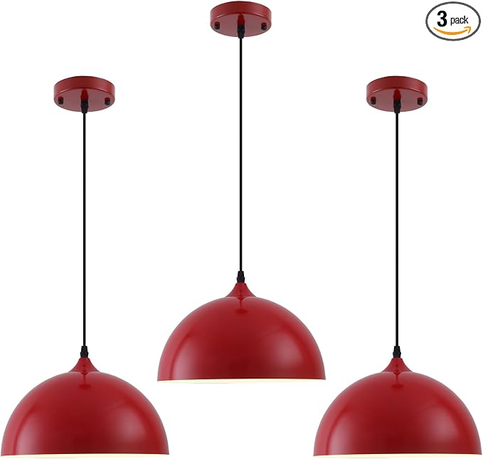 Industrial Pendant Light Fixtures,11.8" Red Dome Pendant Light Over Kitchen Island 3 Pack, Adjustable Vintage Ceiling Hanging Lamp for Bedroom Restaurant Bar Cafe Dining Room Sink