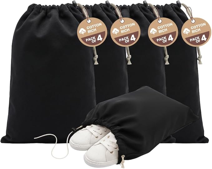 LFH Cotton Rich Shoe Storage Bags with Drawstring, Dustproof Breathable Reusable Organizer, Perfect For Travel, Dorm, Hotel, College, Gym, Machine Washable 12"x17" (Pack of 4) - Black sand