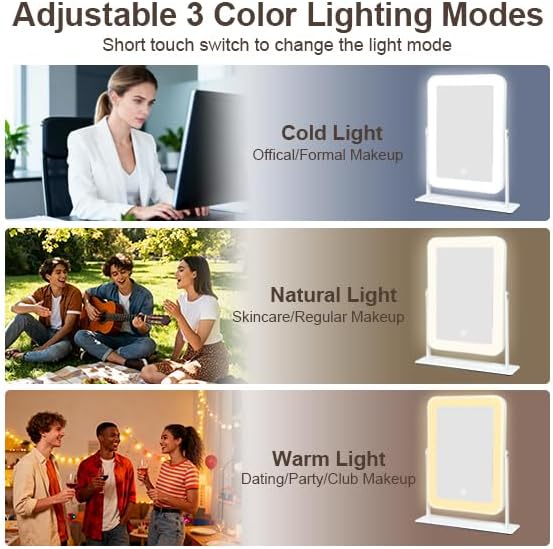 YEKKOPT Small Desk Mirror with Lights, Lighted Makeup Mirror with Light, Portable Tabletop Make Up Mirror for Desk, Vanity Mirror with Lights,Smart Touch Control, Dual Power Supply, 360°Rotation
