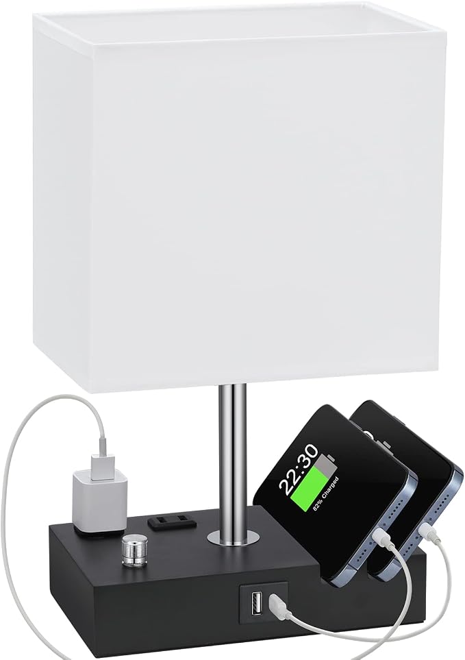 White Table Lamp for Bedroom - Stepless Dimmable, USB C+A, 2 AC Outlets | Dimming By Rotary Knob, USB C+A Ports, 2 Phone Stands, LED Bulbs Included, Rectangle White Lampshade, for Living Room, Desk