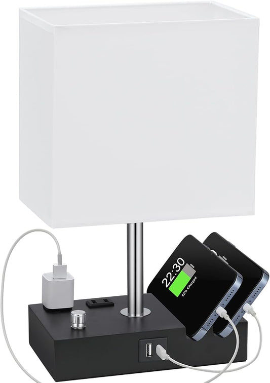 White Table Lamp for Bedroom - Stepless Dimmable, USB C+A, 2 AC Outlets | Dimming By Rotary Knob, USB C+A Ports, 2 Phone Stands, LED Bulbs Included, Rectangle White Lampshade, for Living Room, Desk