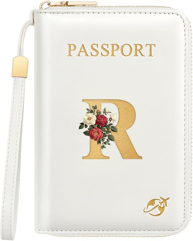 Passport Holder for Travel Personalized Passport Holder Initial Letter Rose Flower RFID Blocking Travel Wallets Credit Cards Holder for Women Men, White R