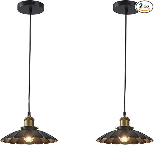 2Pack Black Pendant Light, 9.8 Inch Retro Hanging Lamp for Bedroom, Glossy Hanging Kitchen Lights Living Room 6.5Ft Height Adjustable Indoor Pleated Pendant Light