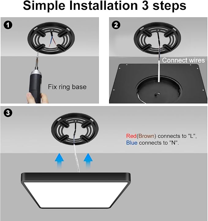 12inch 24W LED Flush Mount Ceiling Light, 5000K Square LED Ceiling Light, Black Flat Panel Lights for Bedroom, Kitchen, Living Room