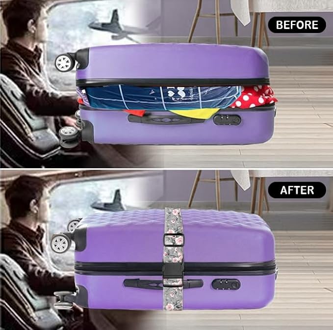 Luggage Straps for Suitcases Travel Belt Accessories, Cute Suitcase Strap, Adjustable Luggage Belt Strap, Heavy Duty with Quick-Release Buckle Luggage Strap Grey Pink Roses