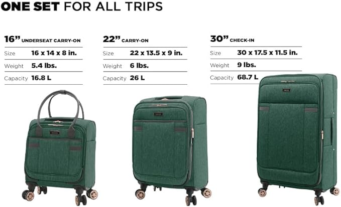 kensie Hudson Softside 3-Piece Spinner Luggage Set, Smoke Pine