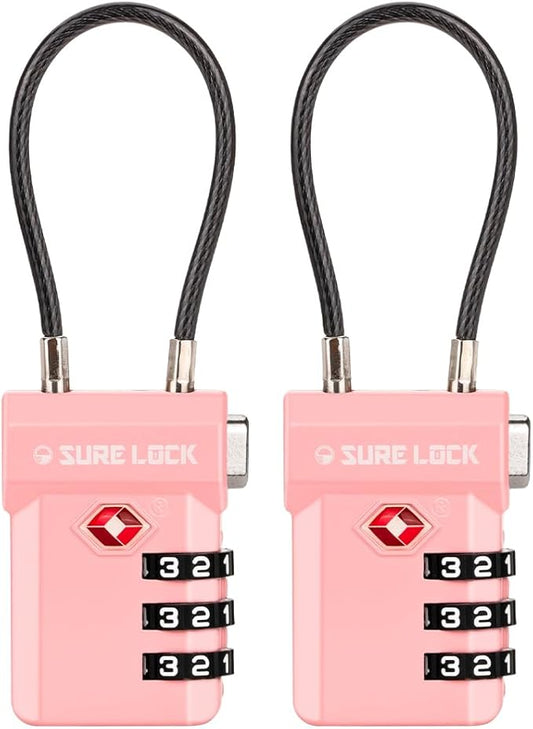 SURE LOCK TSA Approved Luggage Locks – 3-Digit Combination Cable Lock with Red Indicator, Large Dial & Easy-Press Button for Suitcases and Backpacks – Multi-Pack & Color Options