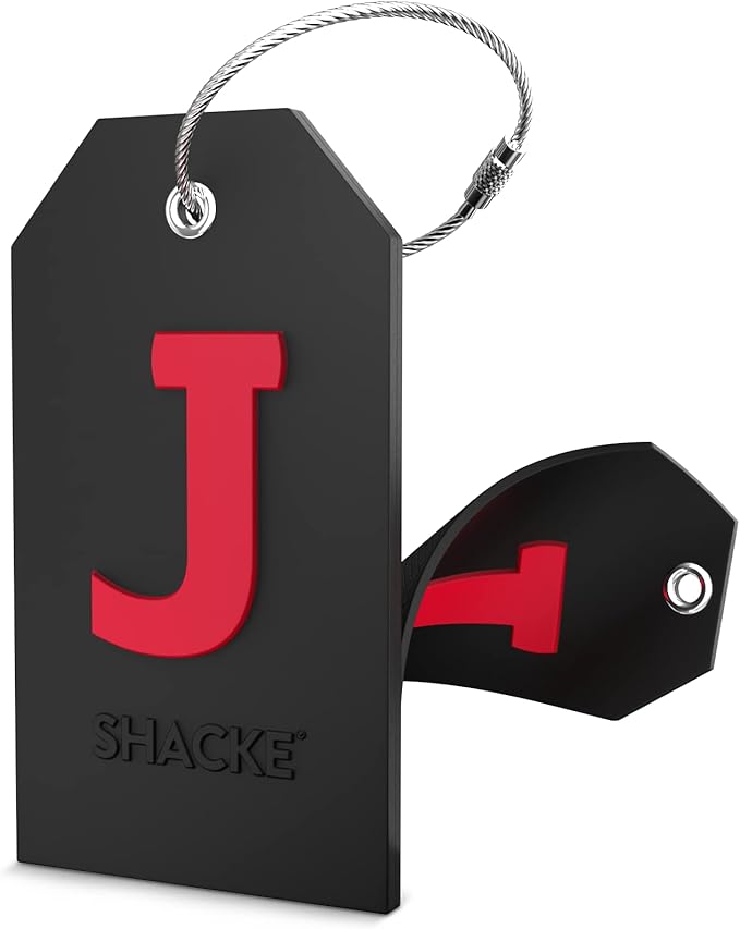 Shacke Initial Luggage Tag with Full Privacy Cover and Stainless Steel Loop - Black (Letter J)