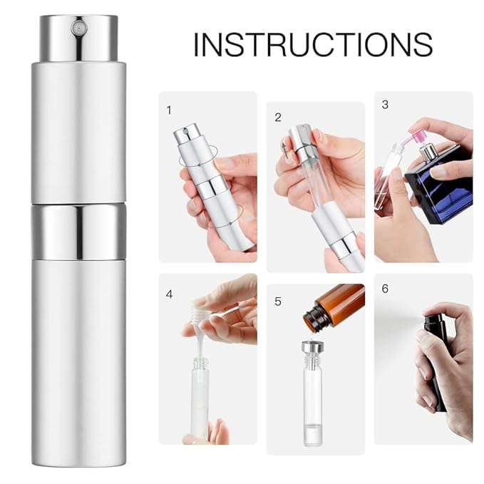 LISAPACK 8ML Atomizer Perfume Spray Bottle for Travel, Empty Refillable Cologne Dispenser, Portable Sprayer (Silver)