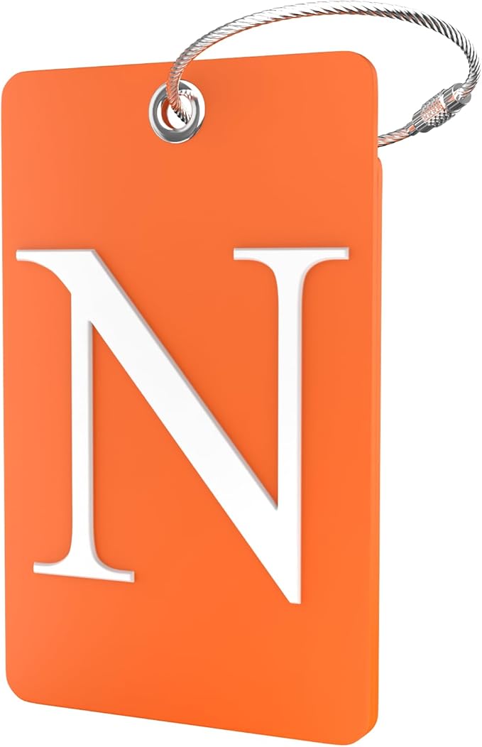 Shacke Luggage Tag Initial – Fully Bendable Tag w/Stainless Steel Loop (Orange) (Letter N)