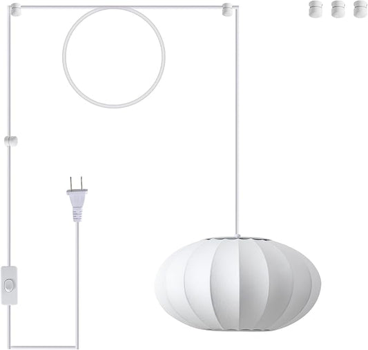 11.8in Plug in Lantern Pendant Light, Small White Imitation Silk Pendant Light Wabi Sabi Saucer Japanese Bubble Hanging Lamp Chandelier for Living Dinning Room Kitchen Island Bedroom 1 Pack