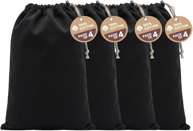 LFH Cotton Rich Shoe Storage Bags with Drawstring, Dustproof Breathable Reusable Organizer, Perfect For Travel, Dorm, Hotel, College, Gym, Machine Washable 8"x17" (Pack of 4) - Black sand