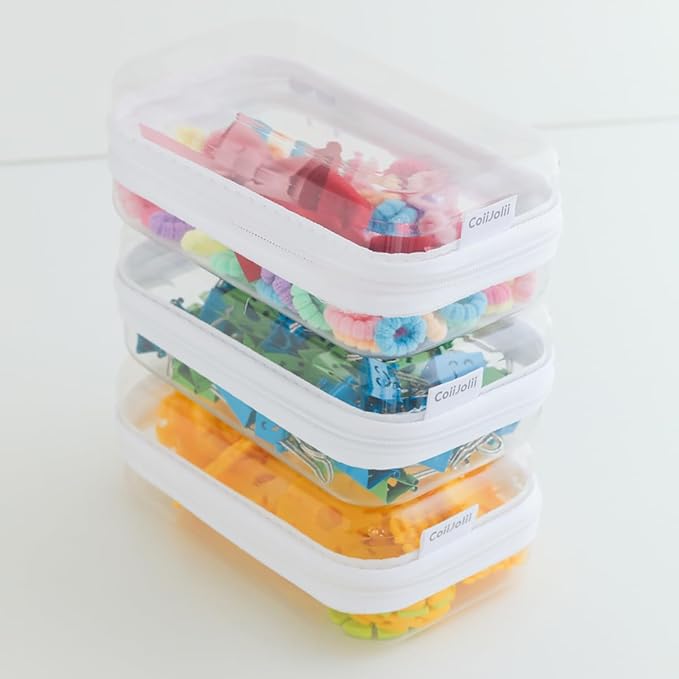 CoiiJoii Zippered Pouch Hard, Clear Zippered Hard Pouch, Stackable Storage Bins, Portable Clear Bin Zipper (White, Small)