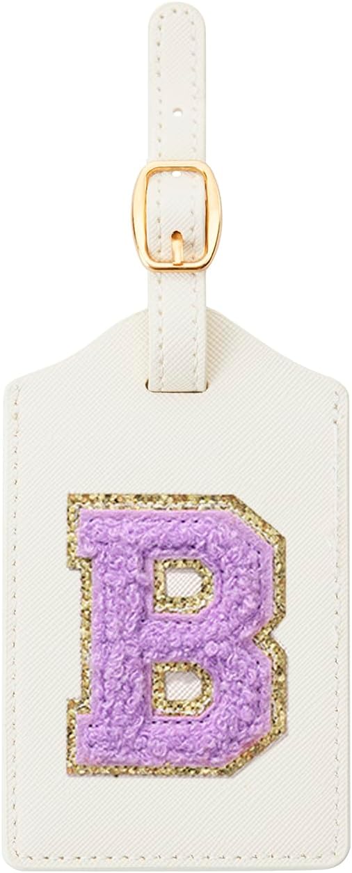 Embroidered Luggage Tag – Initial Bag Tag for Suitcase, Backpack, Carry-On, Duffel – Faux Leather Travel Accessory, Name Identifier, ID Label for Travel Bags (B, White Leather+Purple Letter)