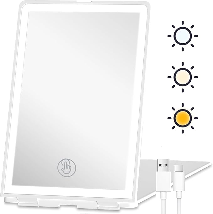 Travel Makeup Mirror with Lights Valentines Day Gifts for Her, Girlfriend, Wife, Birthday Gifts, Rechargeable Portable Compact Mirror, Lighted Makeup Mirror with 72 LEDs 3 Color Light Modes