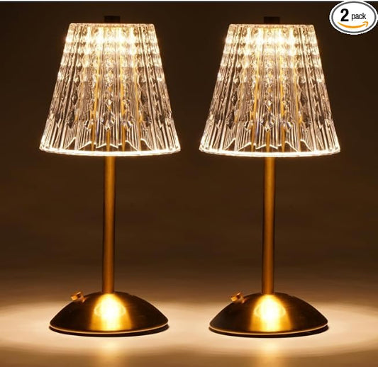 Nusogon 2 Pack Cordless Crystal Table Lamps, Rechargeable Touch Lamp | 3 Color Dimmable Premium Battery Lamp for Bedroom, Nightstand, Restaurant & Home Decor, Gold