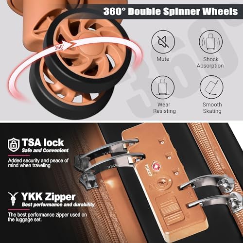 SmileLine 3-Piece Luggage Set Lightweight Hardside Suitcase TSA Lock Spinner Wheels, 20" Expandable Carry-On Luggage with Quick Access Front Open Pocket, Bonus Makeup Bag,Apricot Black