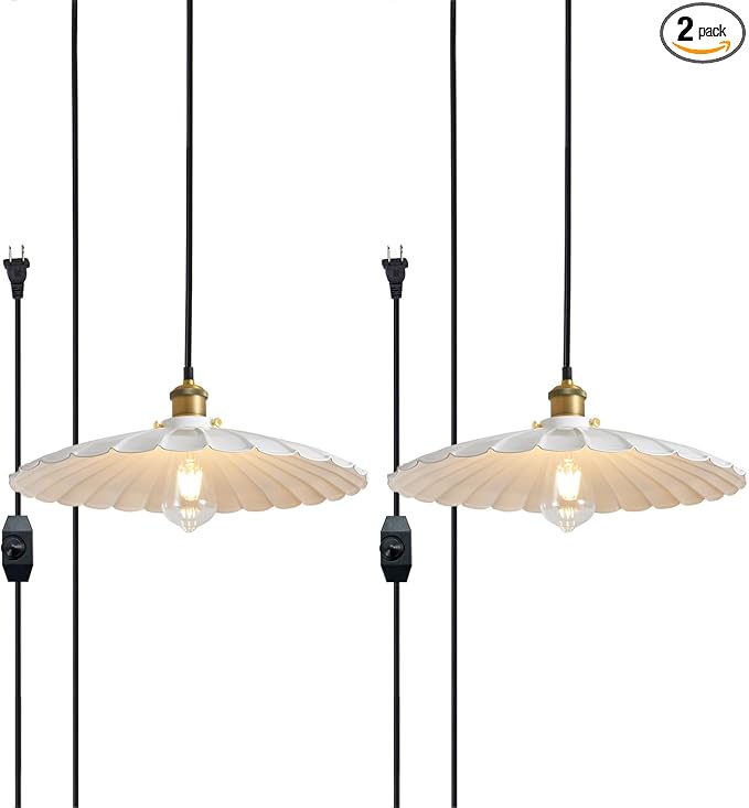 Plug in Pendant Light 13.8 Inch White Round Metal Shade Vintage Hanging Lamp Plug in 13Ft Adjustable Dome Industrial Hanging Plug in Light for Living Room 2Pack