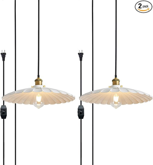 Plug in Pendant Light 13.8 Inch White Round Metal Shade Vintage Hanging Lamp Plug in 13Ft Adjustable Dome Industrial Hanging Plug in Light for Living Room 2Pack