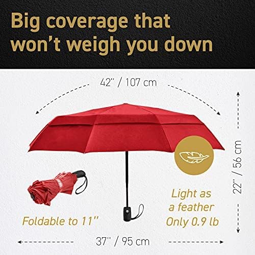 Windproof Compact Umbrella for Rain - 42” Travel Umbrella, Portable, Strong, Collapsible to 11”, Automatic Open Close Button, Vented Double Canopy with Fiberglass/Steel Frame, Wind Resistance to 55MPH