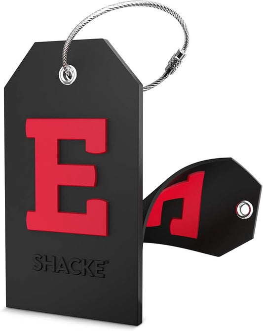 Shacke Large Luggage Tag Initial with Full Privacy Cover and Stainless Steel Loop - Black (Letter E)